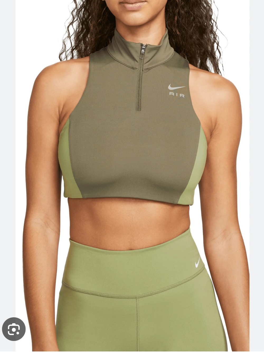 Nike Air Dri-FIT Swoosh Mock Zip Sports Bra in Large Olive/Alligator